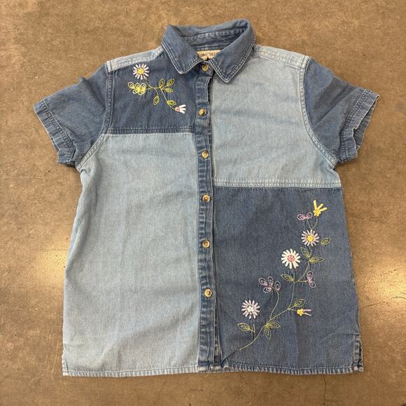 Vintage Y2K Floral Whimsical Patchwork Embroidered Denim Button Up Blouse Medium - Picture 1 of 5
